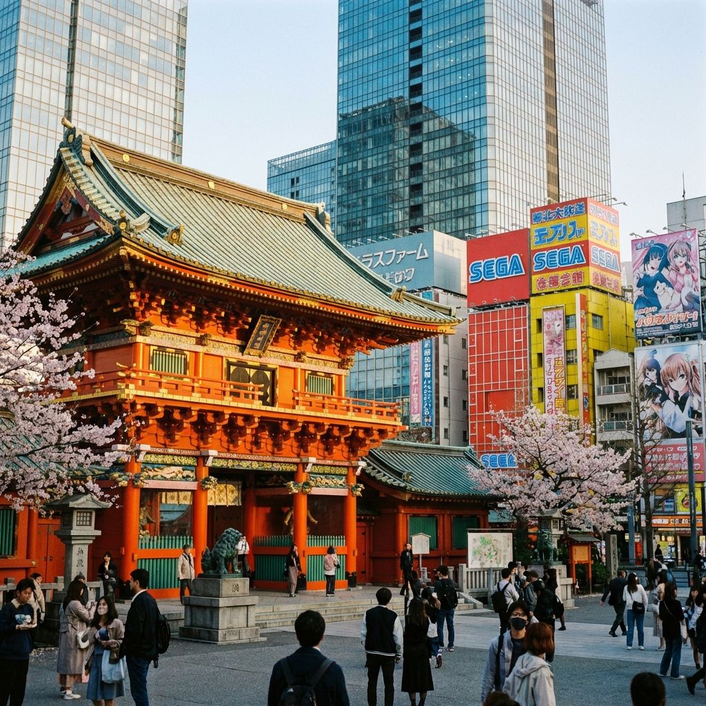 Kanda Myojin Shrine with modern Tokyo background